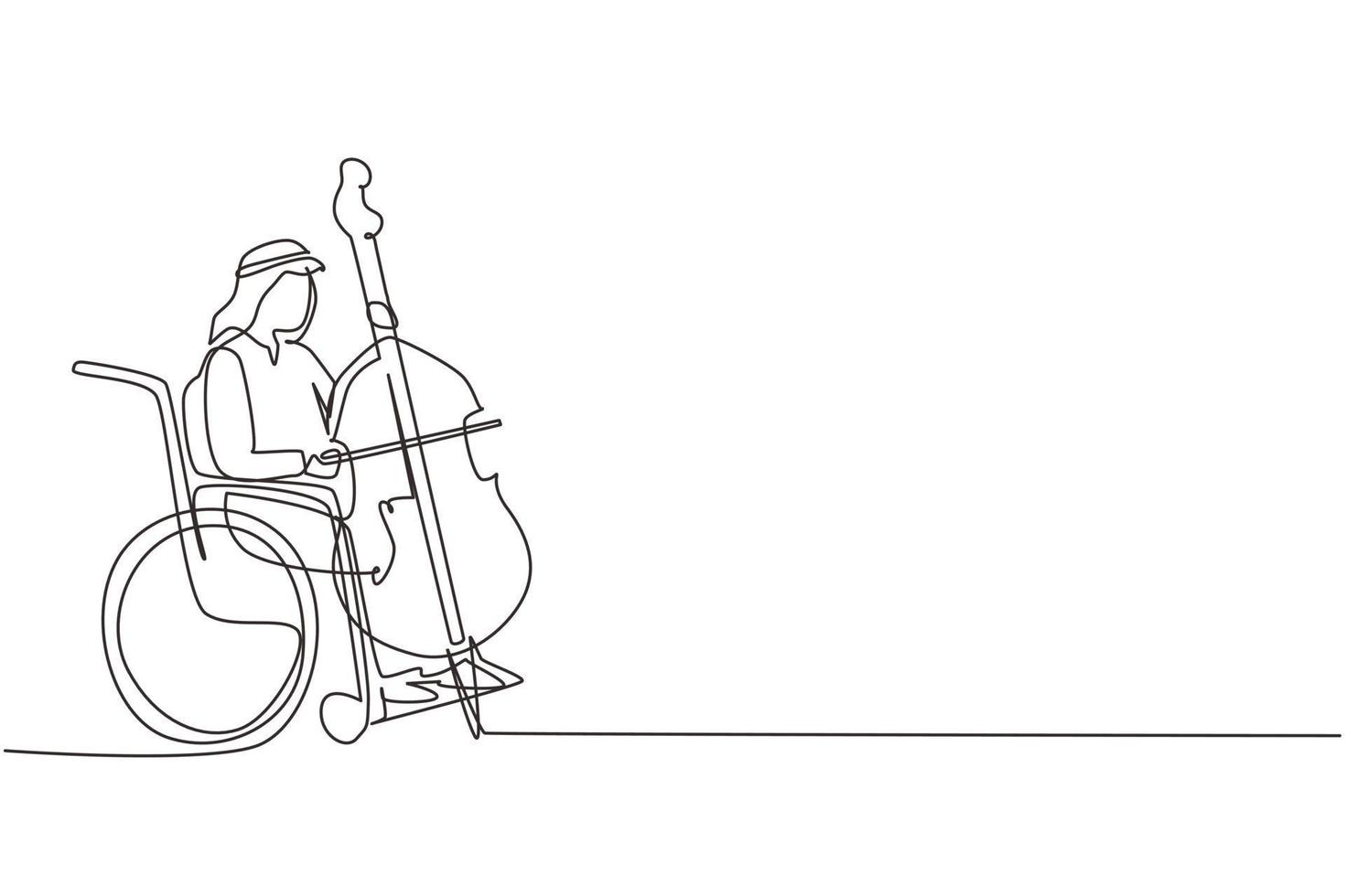 Single One Line Drawing junger arabischer Mann, der im Rollstuhl sitzt, spielt Cello im Konzert. Behinderung und klassische Musik. körperlich behindert. Person im Krankenhaus. Design-Grafikvektor mit kontinuierlicher Linie vektor