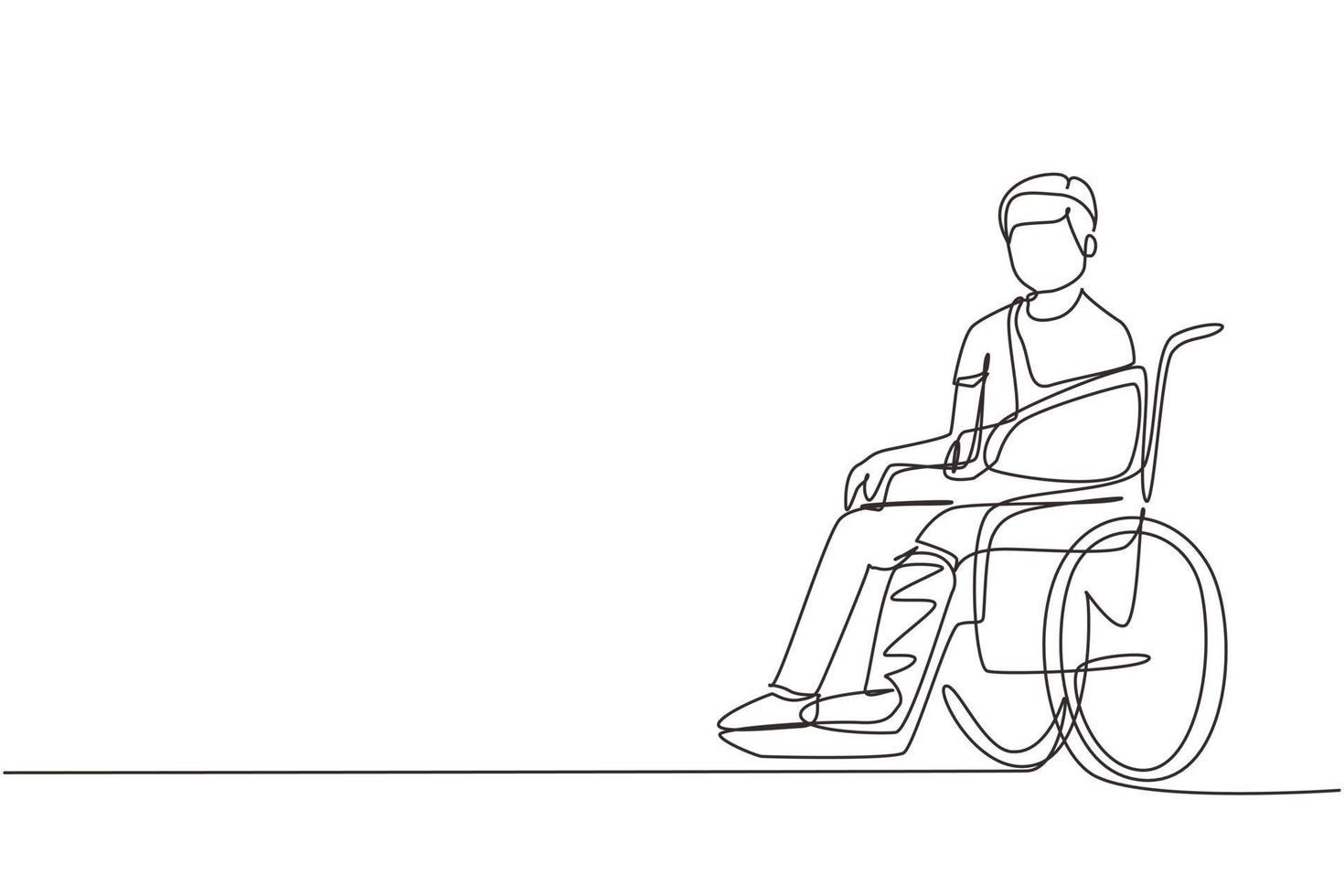 enda kontinuerlig linjeteckning sjuk man med skador, gips sitter i rullstol. skadad man sitter i rullstol med brutet ben. kille med benbrott. en rad rita design vektorillustration vektor