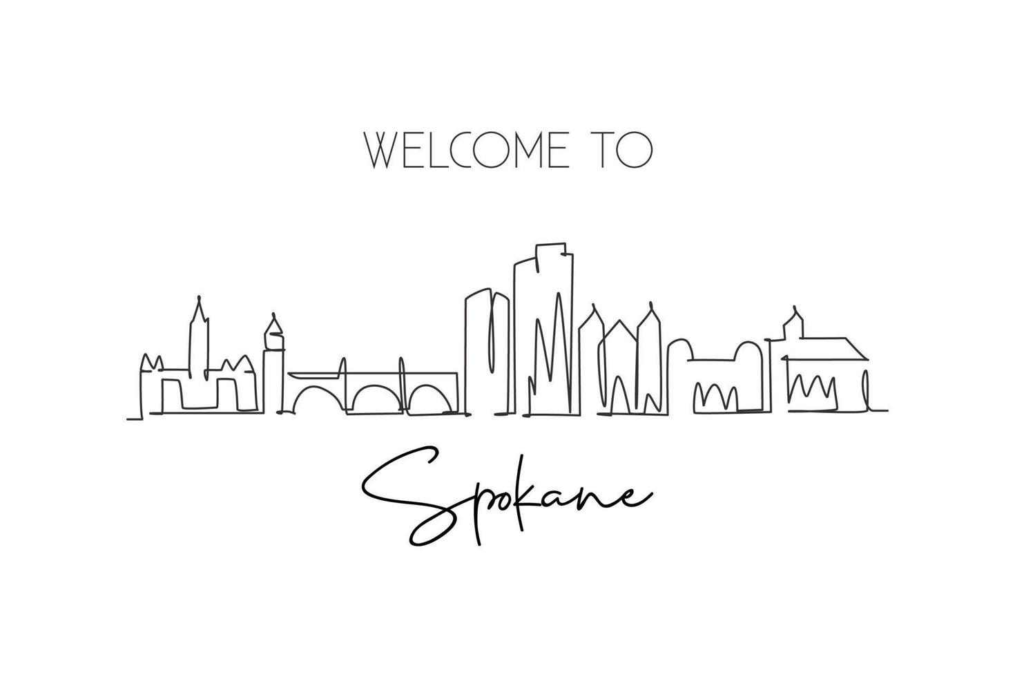 einzelne durchgehende linienzeichnung der skyline von spokane, washington. berühmte Kratzlandschaft. Weltreise nach Hause Wanddekor Kunstplakat Druckkonzept. moderne einzeilige abgehobene betragsdesign-vektorillustration vektor