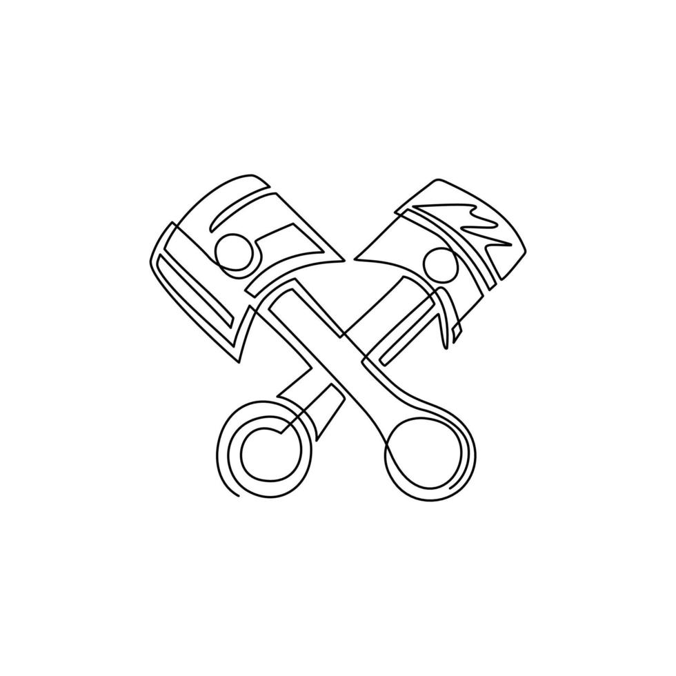 kontinuierliche einzeilige zeichnung zweier gekreuzter kolbensymbole. wirbt für Reparaturdienste. automobil- und motorradwerkstatt flaches symbol logo banner poster. einzeiliges zeichnen design vektorgrafik illustration vektor