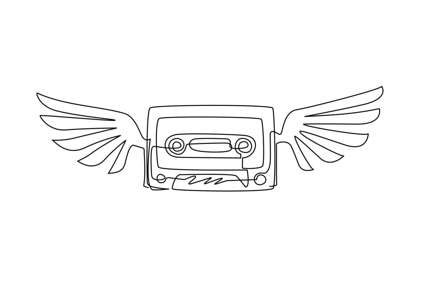 einzelne einzeilige Zeichnung Retro-Kassette mit Flügel-Aufkleber-Symbol. Kassettenmusik Angel Wing Fly Logo Vorlage. kassettenengel mit flügeln und flachem stil. Design-Grafikvektor mit kontinuierlicher Linie vektor