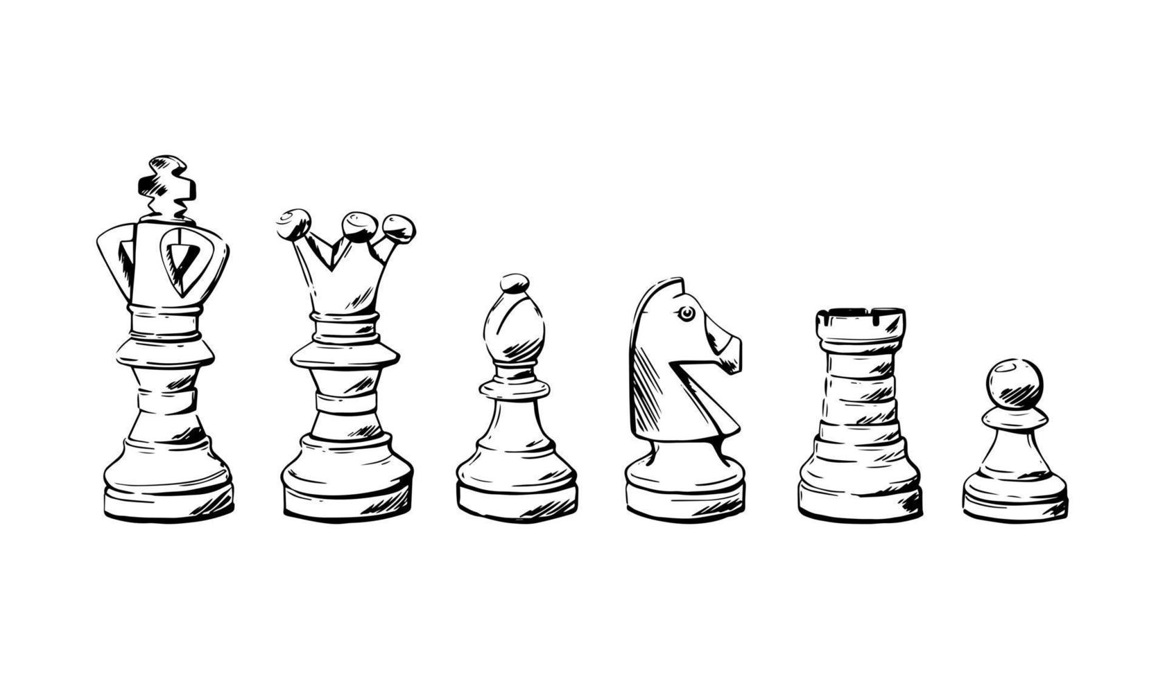 uppsättning schackpjäser skiss. 6 handritade svarta schackspel. vektor illustration