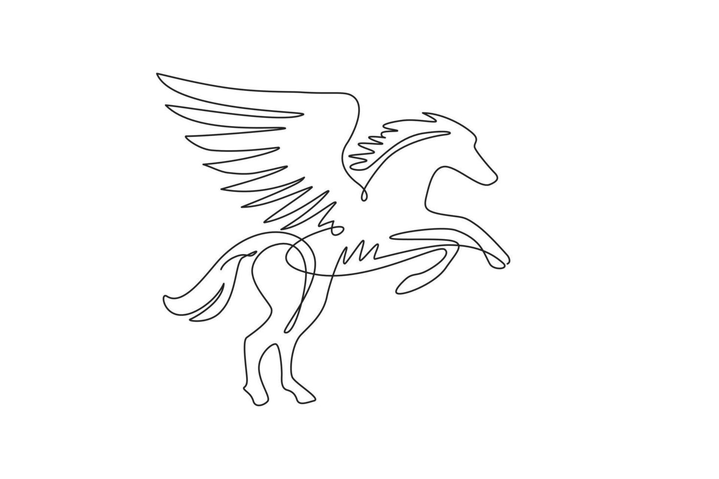 einzelne durchgehende Strichzeichnung Pegasus geflügelter Hengst mythische Tierikone. Vektorsilhouette des heraldischen Pferdes mit Mähne. Pferdelogo mit Flügel stehendem Pegasus-Einhorn. Grafikdesign mit einer Linie zeichnen vektor