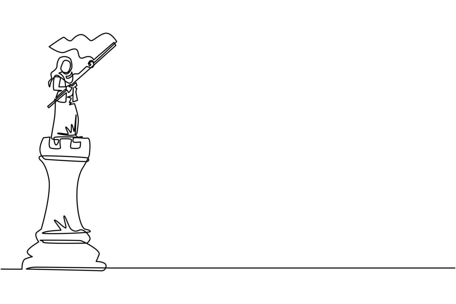 enda kontinuerlig linje ritning arabisk affärskvinna stående på toppen av stora torn schack och vifta med en flagga. ledare framgång koncept. framgångsrik affärsstrategi. en rad rita design vektorillustration vektor