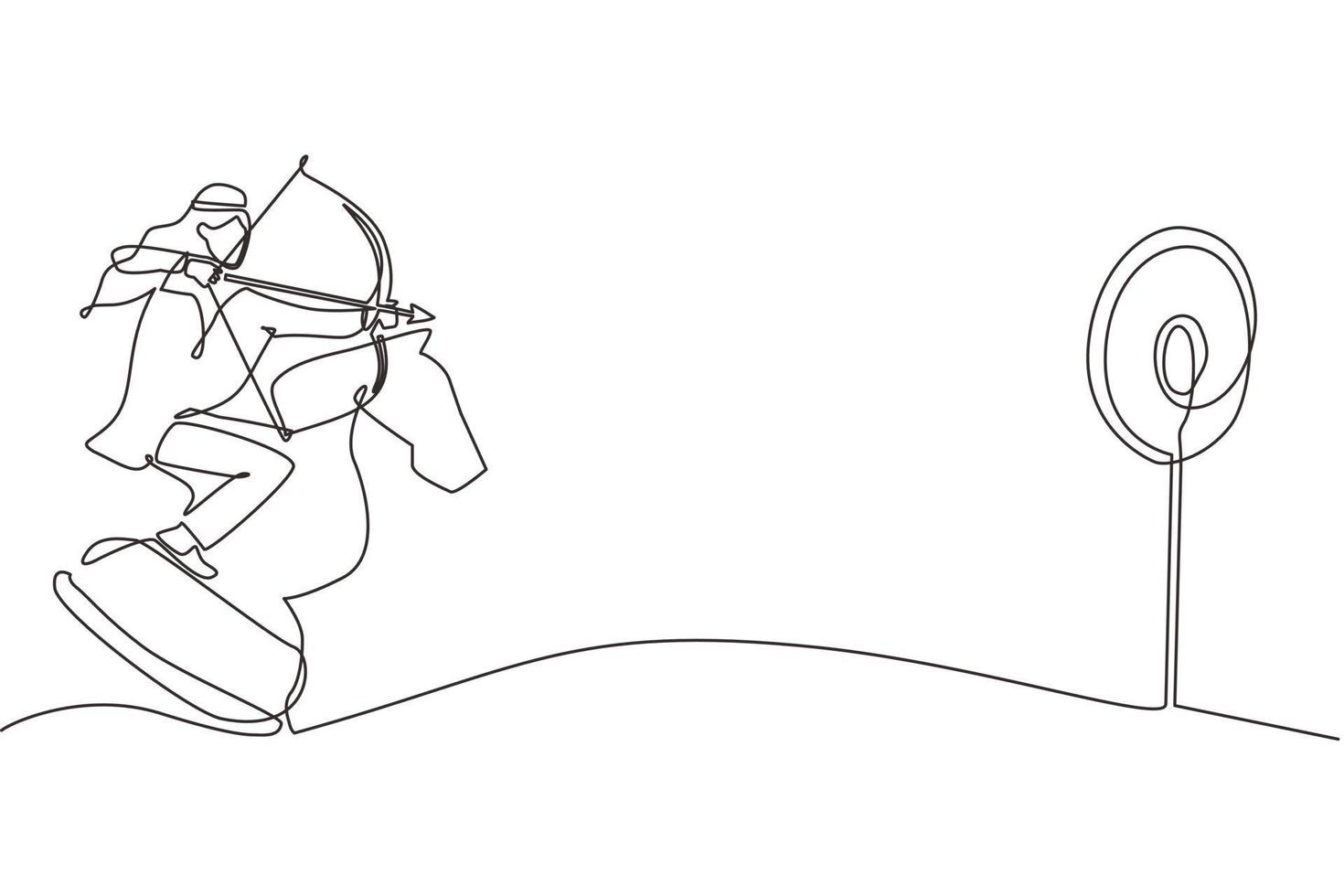 einzelne einstrichzeichnung arabischer geschäftsmann, der ziel beim bogenschießen hält, während er schachritterstück reitet, strategisches konzept. erfolgreicher geschäftsführer. ununterbrochene Linie zeichnen Design-Vektor-Illustration vektor