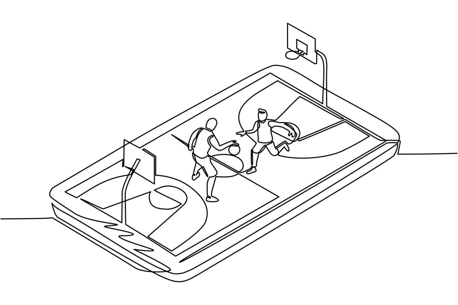 Einzelner einzeiliger Basketballplatz mit zwei Spielern auf dem Smartphone-Bildschirm. Online-Basketballspiel, mobiler E-Sport. Online-Basketballspiel mit mobiler Live-App. Designvektor mit durchgehender Linie vektor