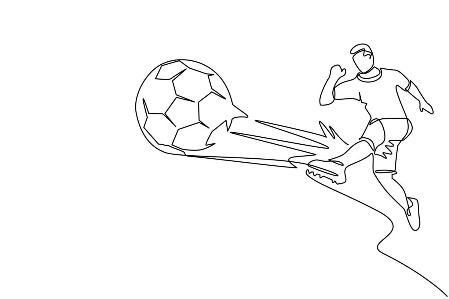 kontinuerlig en rad ritning ung manlig fotbollsspelare springer upp och sparkar bollen framåt. man spelar fotboll i vit sportuniform, stövlar, fot. enda rad rita design vektorgrafisk illustration vektor