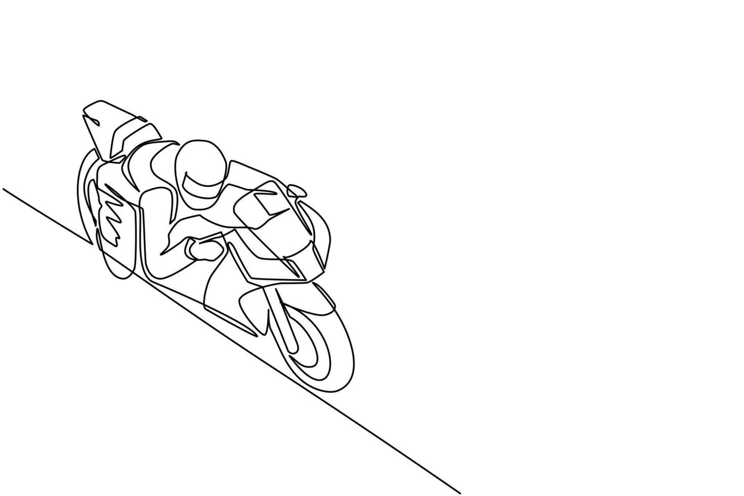 enda en rad ritning biker bär hjälm, ridning motorcykel i asfaltväg. ung man i raceroveraller och hjälm sitter på sportcykel. kontinuerlig linje rita design grafisk vektorillustration vektor