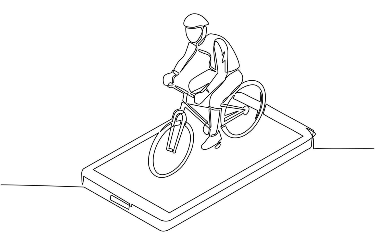 einzelne linie, die einen männlichen helm trägt, der fahrrad auf dem smartphone-bildschirm fährt. Online-Sport-Erholung. virtuelles Fahrrad für Cardio-Training. ununterbrochene Linie zeichnen grafische Vektorillustration des Designs vektor