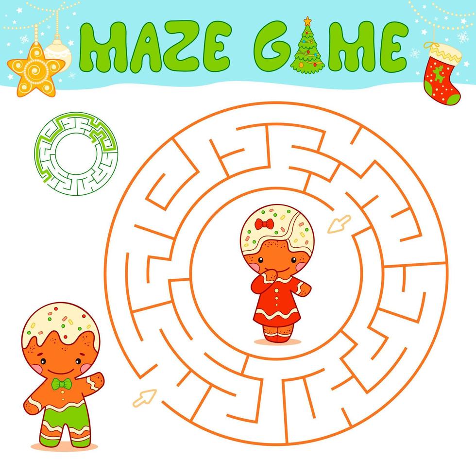jullabyrint pusselspel för barn. cirkel labyrint eller labyrint spel med jul pepparkaksgubbe. vektor