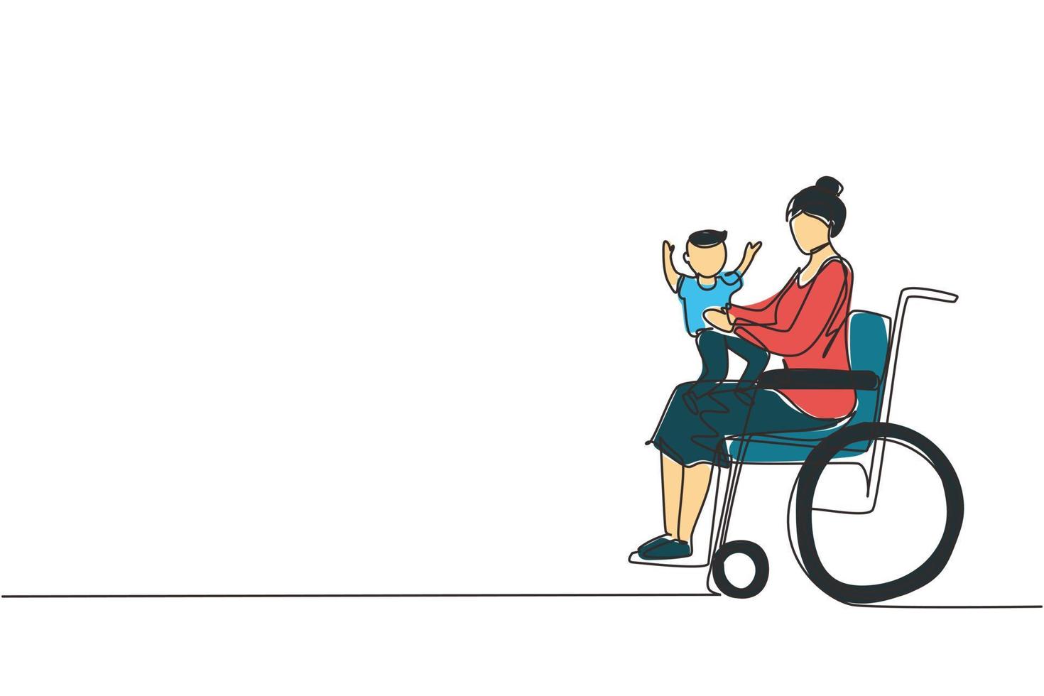 enda en rad ritning glad handikappad mamma med sitt barn. funktionshinder kvinna som håller barnet i famnen. familj kärlek koncept. fysisk funktionsnedsättning och samhälle. kontinuerlig linje rita design illustration vektor