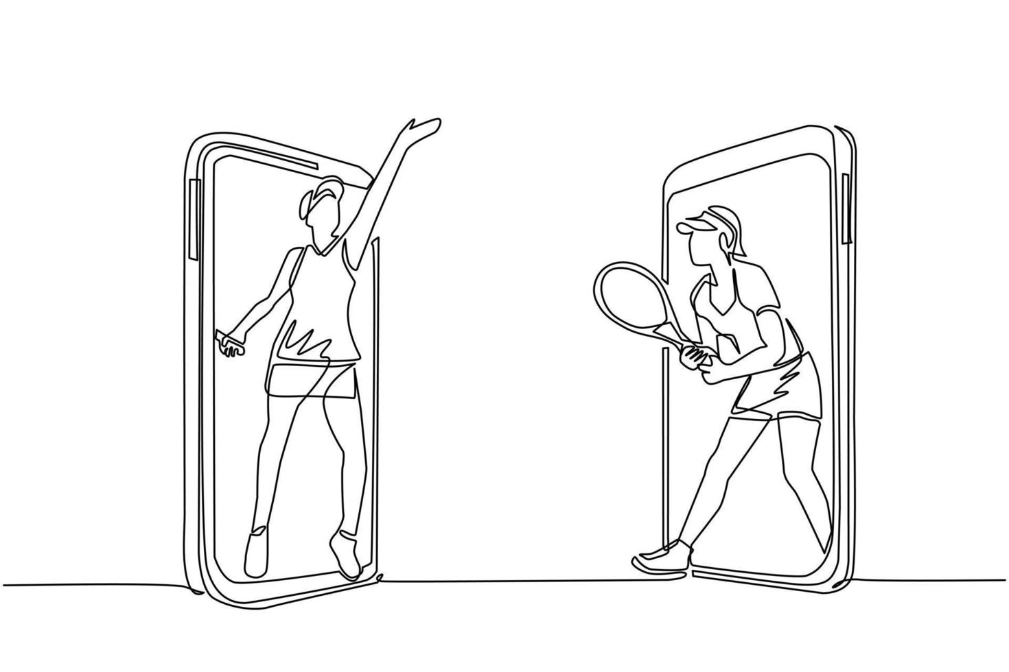 kontinuerlig en rad ritning två tennisspelare kommer ut från mobiltelefon redo att spela. två kvinnliga tennisspelare spelar med racketar på banan. mästerskap, träning. enda rad rita design vektor