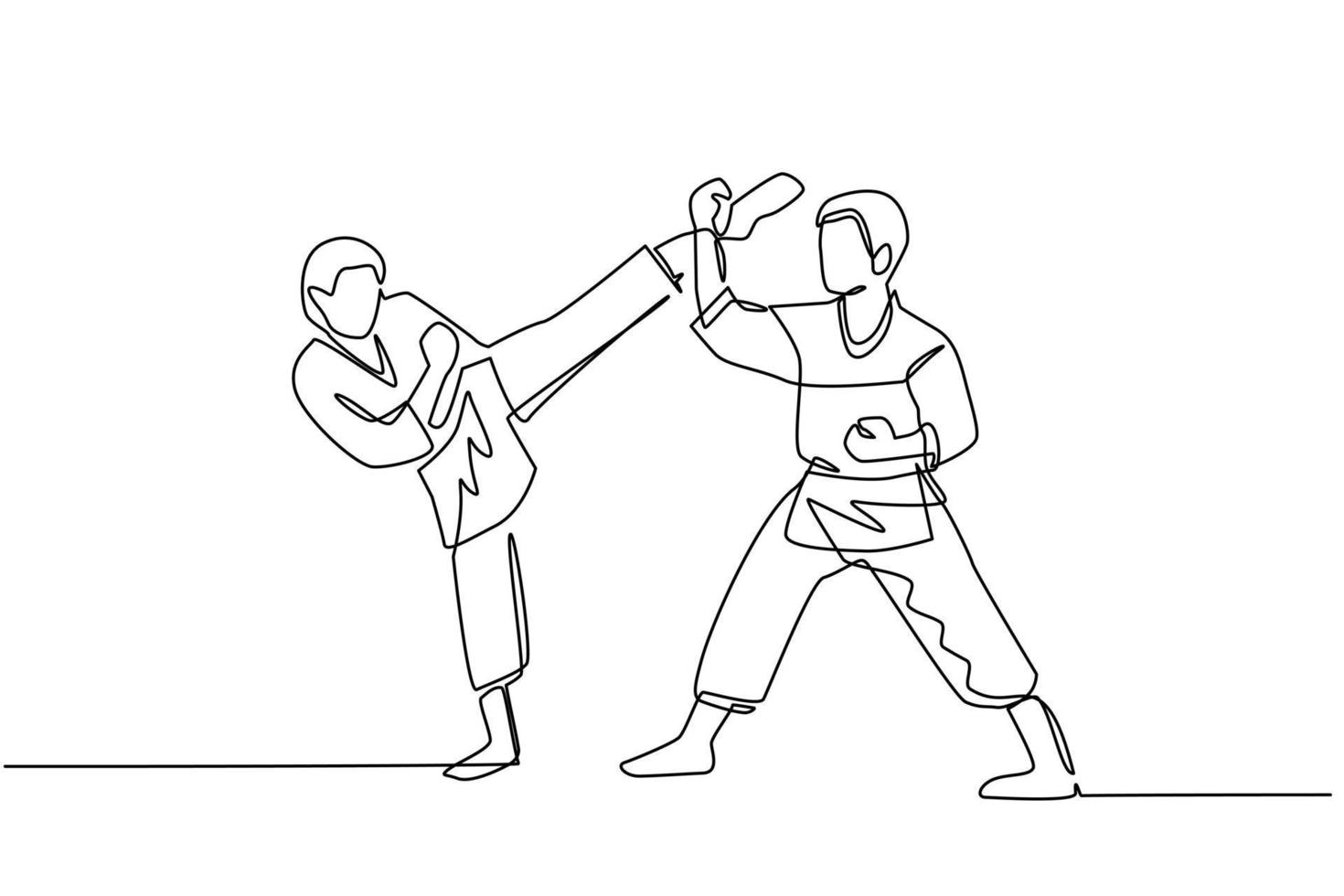 kontinuerlig en rad ritning två karate män fighters redo att slåss. professionella karatesportfighters som står och kämpar och tränar karate tillsammans. enda rad rita design vektorgrafisk illustration vektor