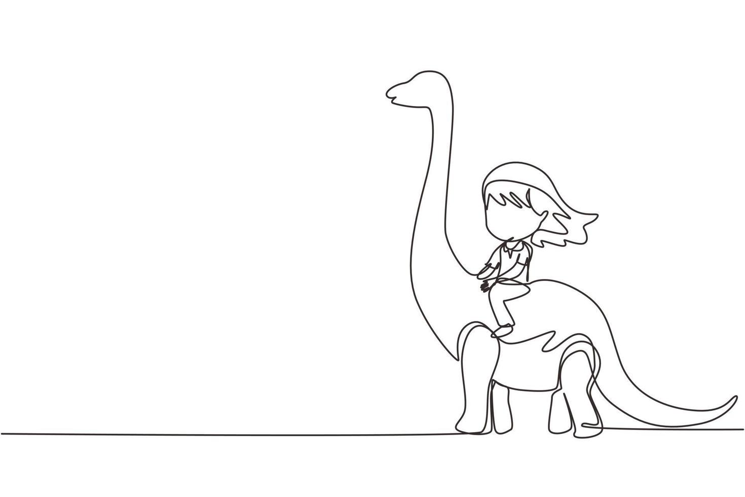 einzelne durchgehende Linie, die Höhlenmenschen des kleinen Mädchens zeichnet, die Brontosaurus reiten. Junges Kind, das auf dem Rücken eines Dinosauriers sitzt. altes menschliches lebenskonzept. dynamische einzeilige abgehobene betragsgrafikdesign-vektorillustration vektor