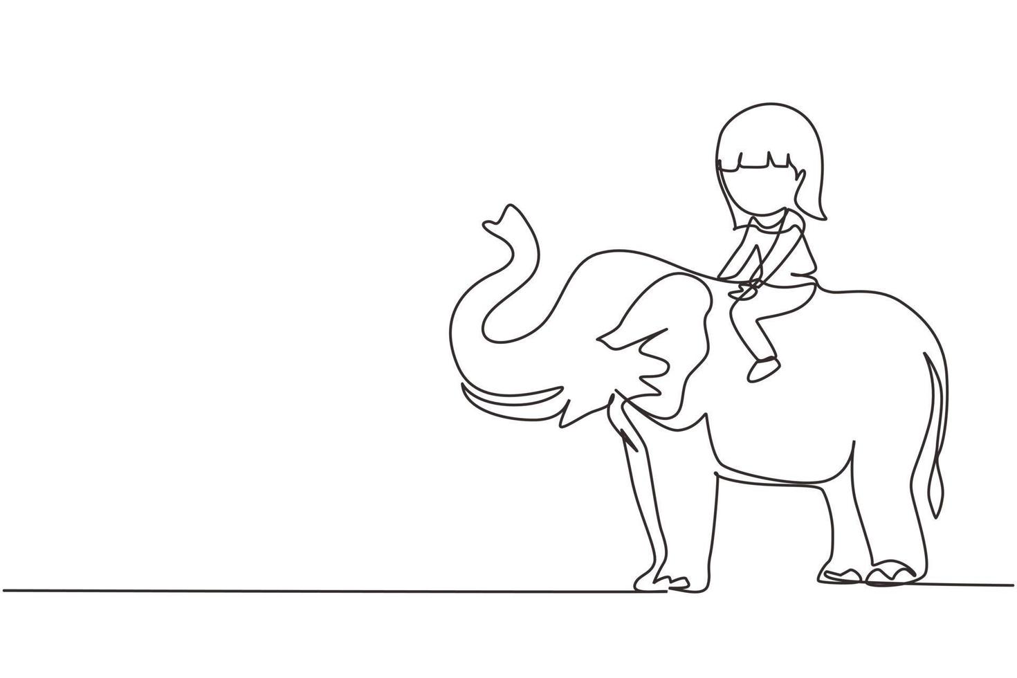 enda en rad ritning glad liten flicka rider elefant. barn sitter på ryggen elefant och reser. barn som lär sig rida elefant. modern kontinuerlig linje rita design grafisk vektorillustration vektor