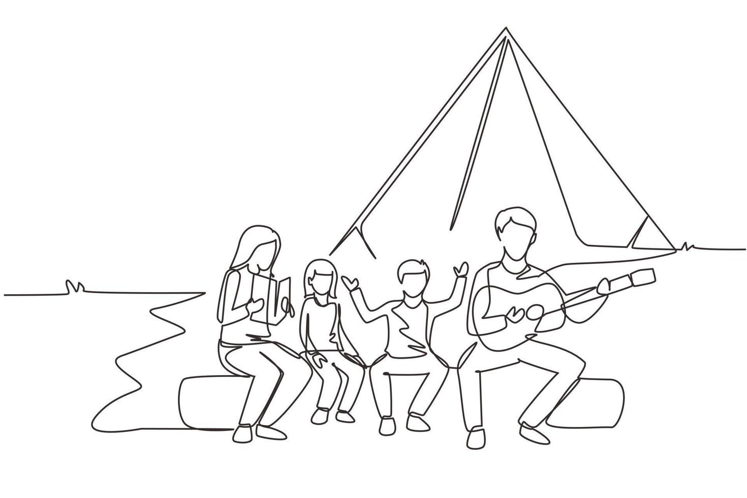 Single One Line Drawing Familienspaß beim Sommercamping Zeit zusammen verbringen. Papa spielt Gitarre und singt mit Sohn. mutter liest geschichtenbuch mit tochter. ununterbrochene Linie zeichnen Design-Vektor-Illustration vektor