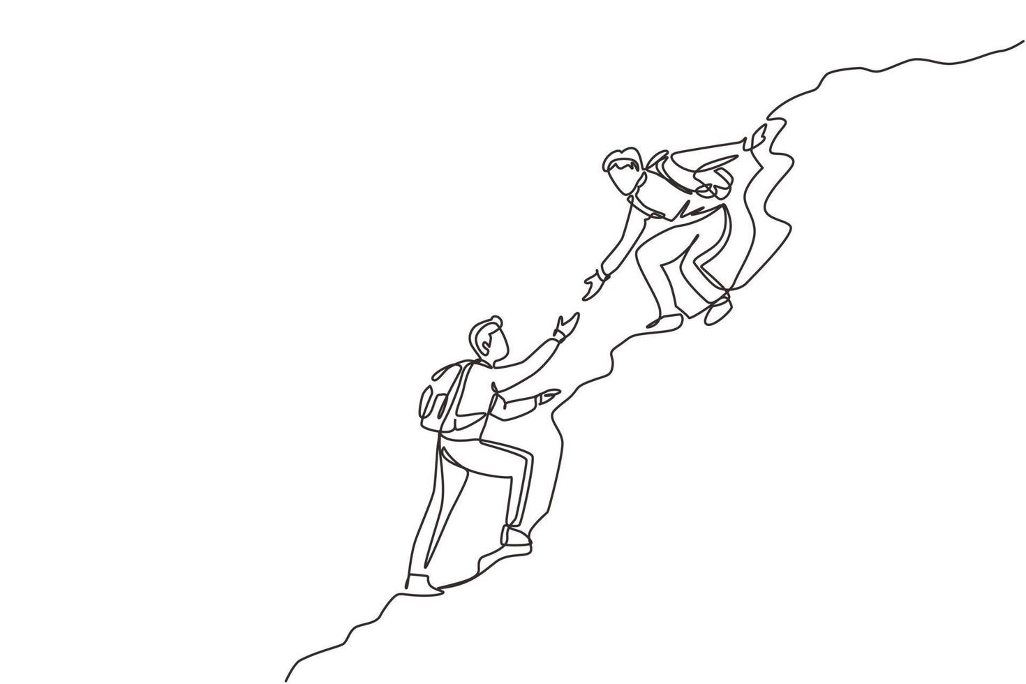enda en rad ritning två män vandrare hjälpa varandra på toppen av berget. lagarbete vandring hjälpa varandra att lita på hjälp. prestationsmål koncept. kontinuerlig linje rita design vektorillustration vektor
