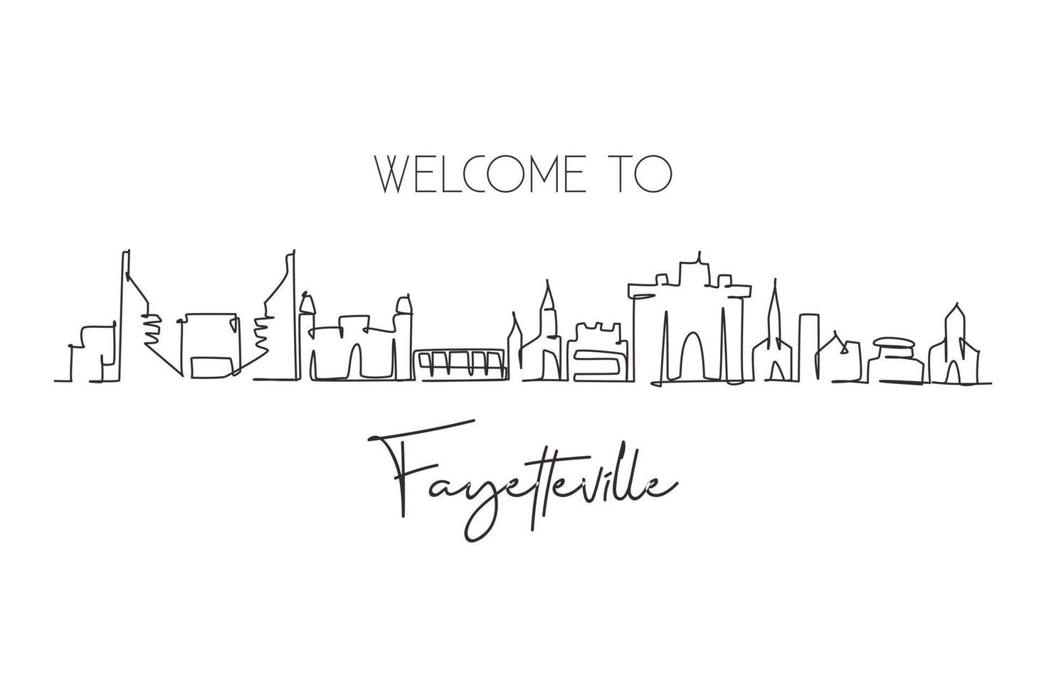 enkel radteckning fayetteville skyline, arkansas. berömda stadsskrapalandskap. världsresor hem vägg dekor konst affisch print koncept. kontinuerlig linje rita design grafisk vektorillustration vektor