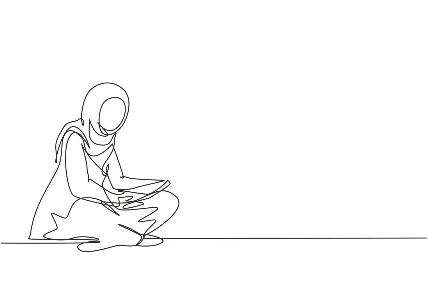 durchgehende einzeilige zeichnung süße arabische dame, die auf dem boden sitzt und buch liest. entzückende junge frau, die wochenende zu hause verbringt. Freizeitbeschäftigung, Entspannung. einzeiliges zeichnen design vektorillustration vektor