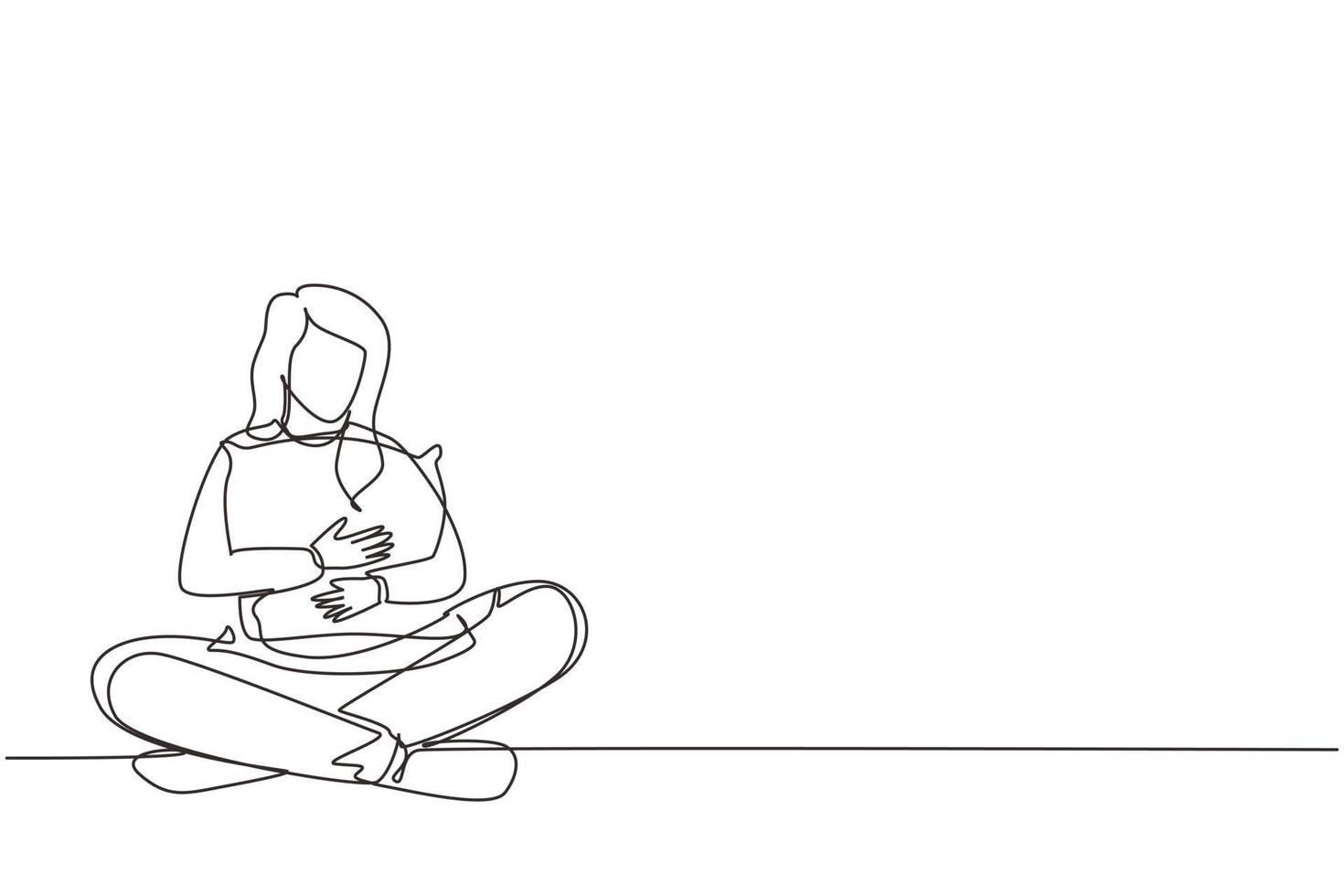 einzelne eine Linie, die hübsches Mädchen zeichnet, das Kissen sitzt und umarmt. junge frau sitzt mit geschlossenen augen und will ins bett gehen. Entspannung und Zeit zum Schlafen. Design-Grafikvektor mit kontinuierlicher Linie vektor