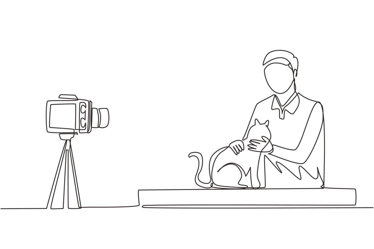 einzelne einzeilige Zeichnung eines Teenager-Haustierbloggers. Teenager-Junge mit Katze, die Videos vor der Kamera aufzeichnet. Hobbys und Freizeit, Bloggen über Haustiere, Tierliebhaber. ununterbrochene Linie zeichnen grafische Vektorillustration des Designs vektor