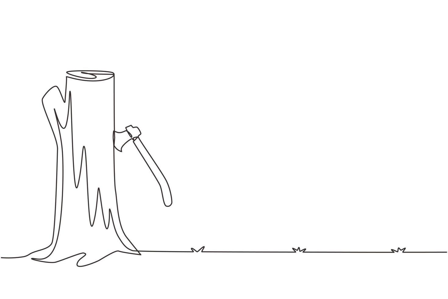 einzelne durchgehende Strichzeichnung Beil neben Baumstumpf. ein Baumstumpf, in dem eine Axt steckt. Wald, Campingkonzept. Axt steckt am Stumpf fest. dynamische einzeilige abgehobene betragsgrafikdesign-vektorillustration vektor
