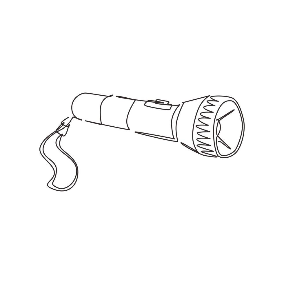 einzelne einzeilige Taschentaschenlampe. Lichtquelle für den individuellen Gebrauch. Lichtstrom, Strahlbündelung. Beleuchtungsobjekt im Dunkeln. elektrische lampe batteriebetrieben. Designvektor mit durchgehender Linie vektor