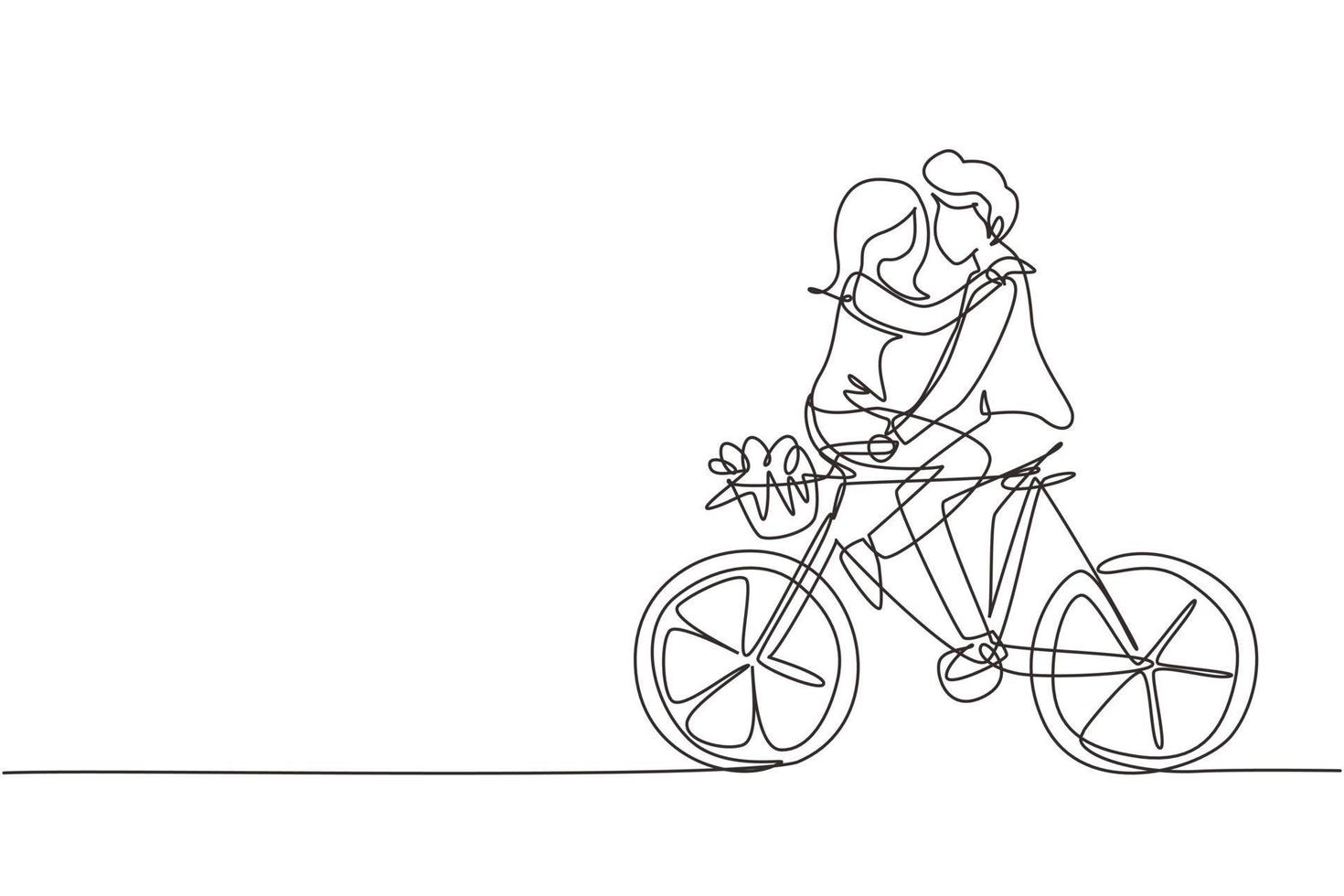 kontinuierliche eine Linie, die glückliche junge Männer und Frauen, die Fahrrad fahren, von Angesicht zu Angesicht zeichnet. glückliches romantisches Paar fährt zusammen Fahrrad. glückliche Familie. einzeiliges zeichnen design vektorgrafik illustration vektor
