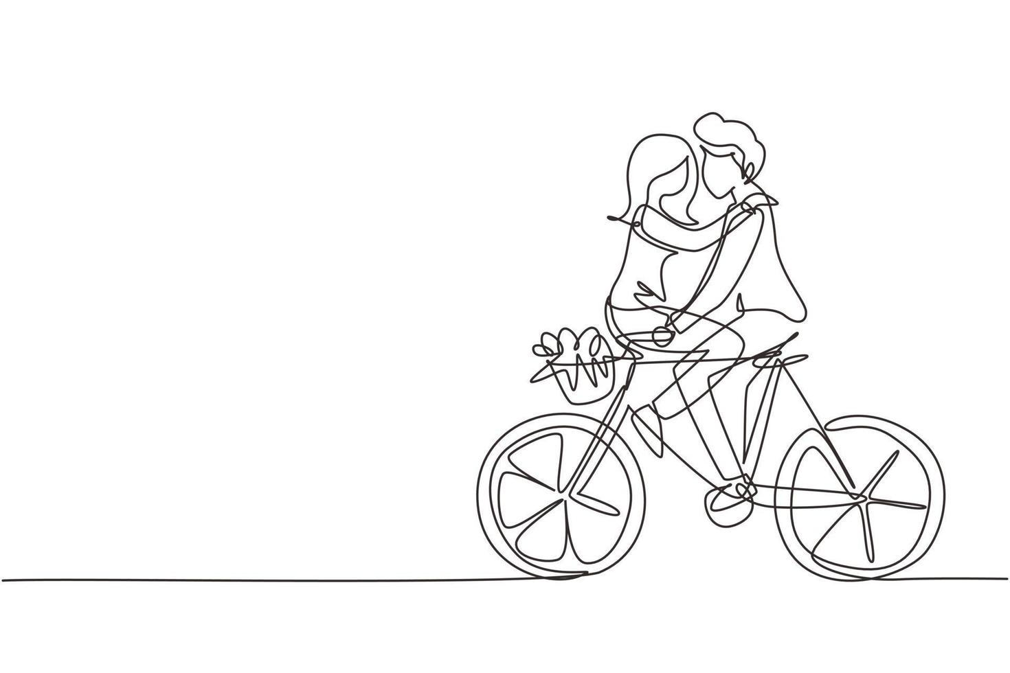 kontinuerlig en rad ritning glad ung man och kvinna som cyklar ansikte mot ansikte. lyckliga romantiska paret cyklar tillsammans. glad familj. enda rad rita design vektorgrafisk illustration vektor