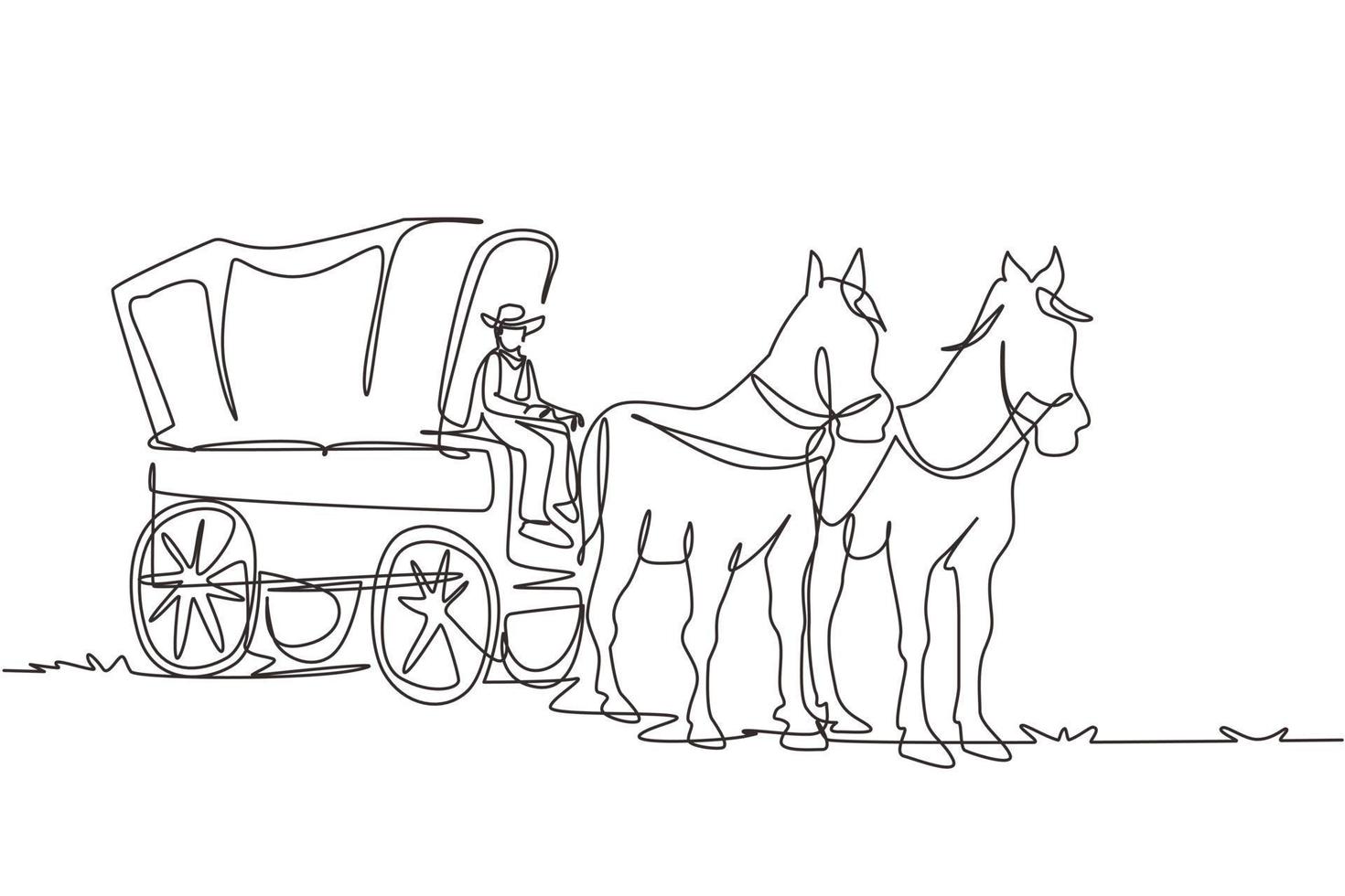 enda en rad ritning vintage western diligens med hästar. vilda västern täckta vagnar och cowboy i ökenlandskap. western med gammal vagn. kontinuerlig linje rita design grafisk vektorillustration vektor