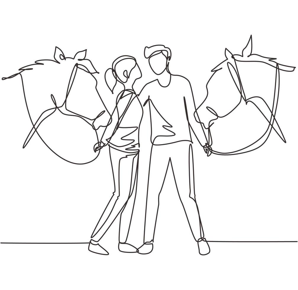 enda kontinuerlig linjeteckning romantiskt par med hästar. ung man och kvinna träffas för dejting med ridhäst. engagemang och kärleksrelation. dynamisk en rad rita grafisk design vektorillustration vektor