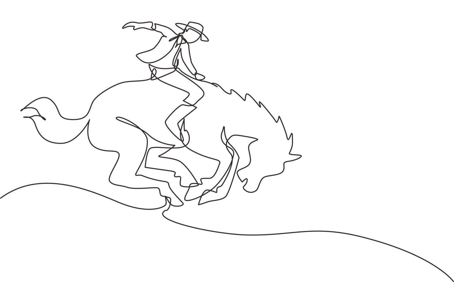 einzelne einzeilige zeichnung cowboy, der wildpferd beim rodeo zähmt. Cowboy auf Wildpferdmustang. Rodeo-Cowboy, der wildes Pferd auf Holzschild reitet. moderne grafische vektorillustration des ununterbrochenen zeichnendesigns vektor