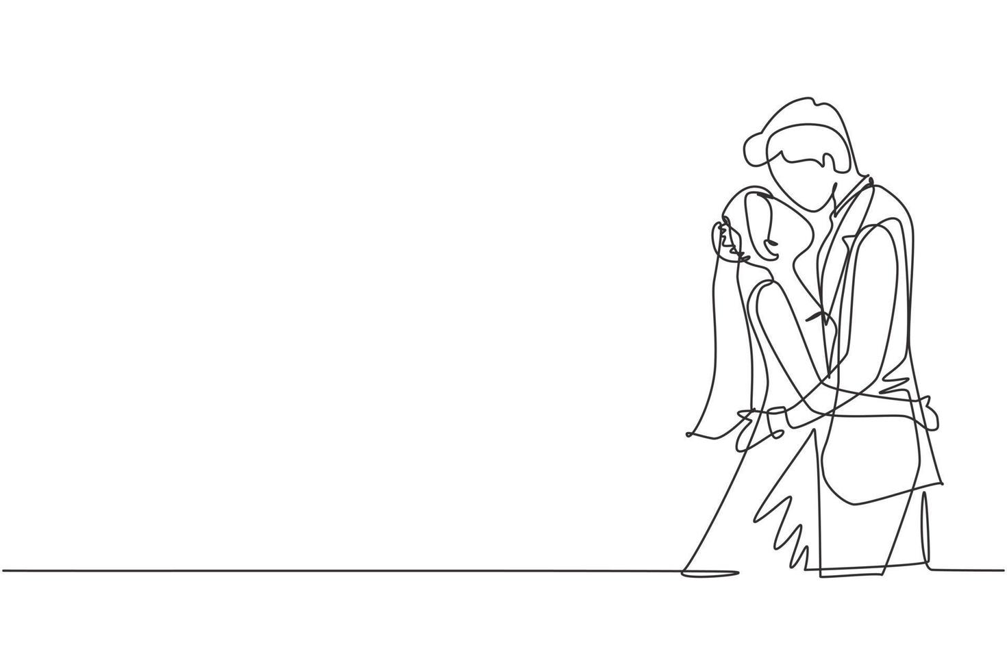 fortlaufende einzeilige zeichnung süßes verheiratetes paar, das sich verliebt küsst und umarmt. glücklicher romantischer mann, der anzug und frau mit kleid in der hochzeitsfeier trägt. einzeiliges zeichnen design vektorgrafik vektor