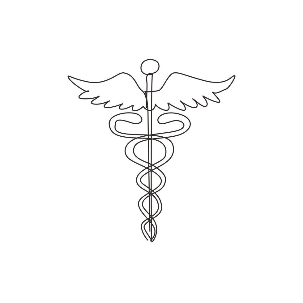 einzelne durchgehende strichzeichnung caduceus, medizinisches zentrum, apotheke, krankenhaus mit beliebtem symbol der medizin. Symbol-Logo für medizinische Versorgung. dynamische einzeilige abgehobene betragsgrafikdesign-vektorillustration vektor