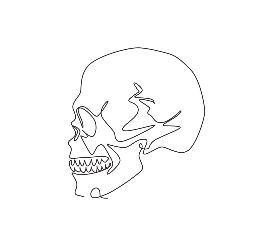 einzelne durchgehende Strichzeichnung Schwarz-Weiß-Illustration des Schädels. menschlicher Kopfknochen. Skelett handgezeichnetes Tattoo-Design. Skizzieren Sie anatomische Schädel in Seitenansicht. eine linie zeichnen grafikdesignvektor vektor