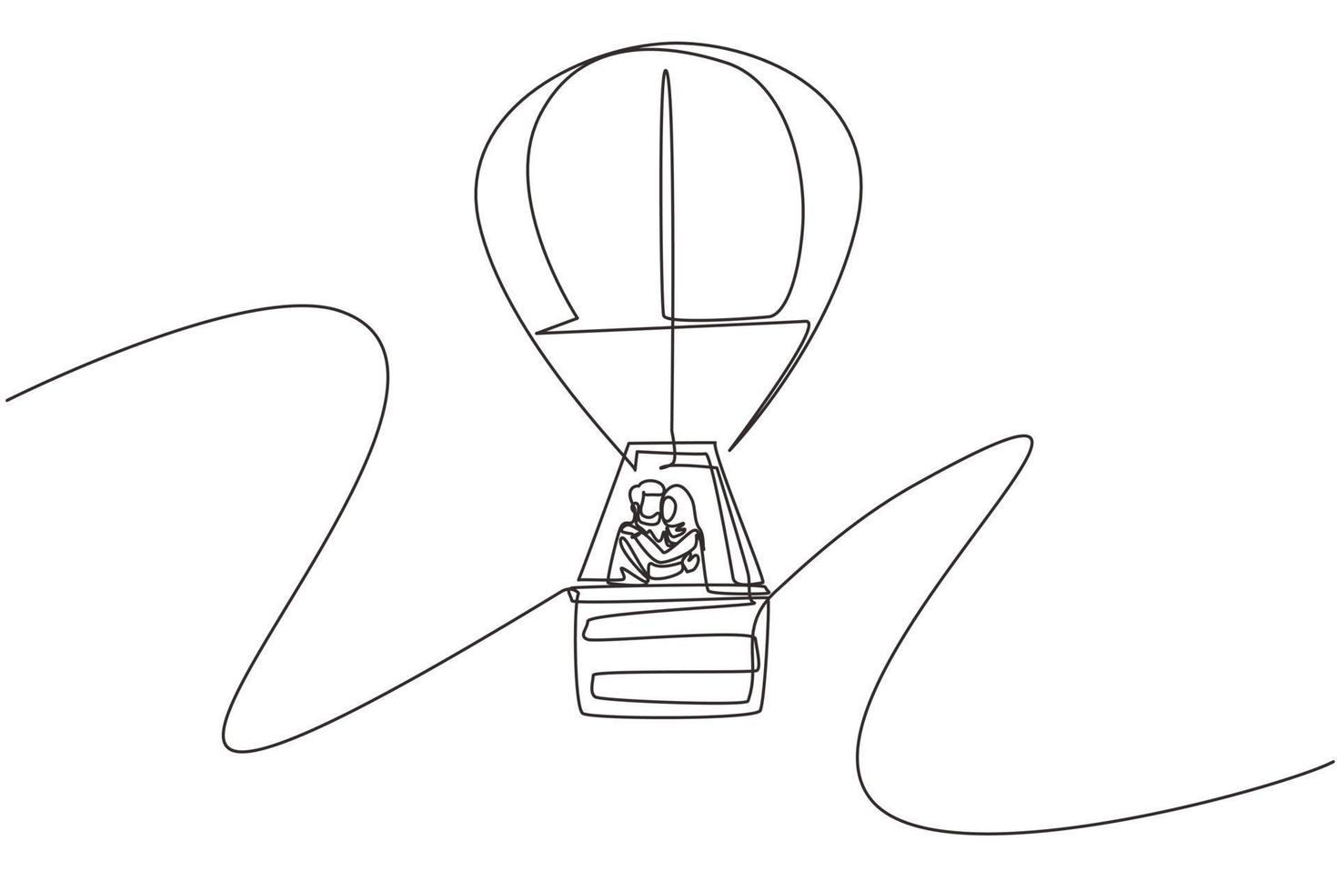 einzelne durchgehende Strichzeichnung Illustration der Liebe, die ein arabisches Paar im Heißluftballon in Himmel und Wolken küsst, verliebte Beziehung. romantischer Roadtrip, Reise. eine linie zeichnen grafikdesignvektor vektor