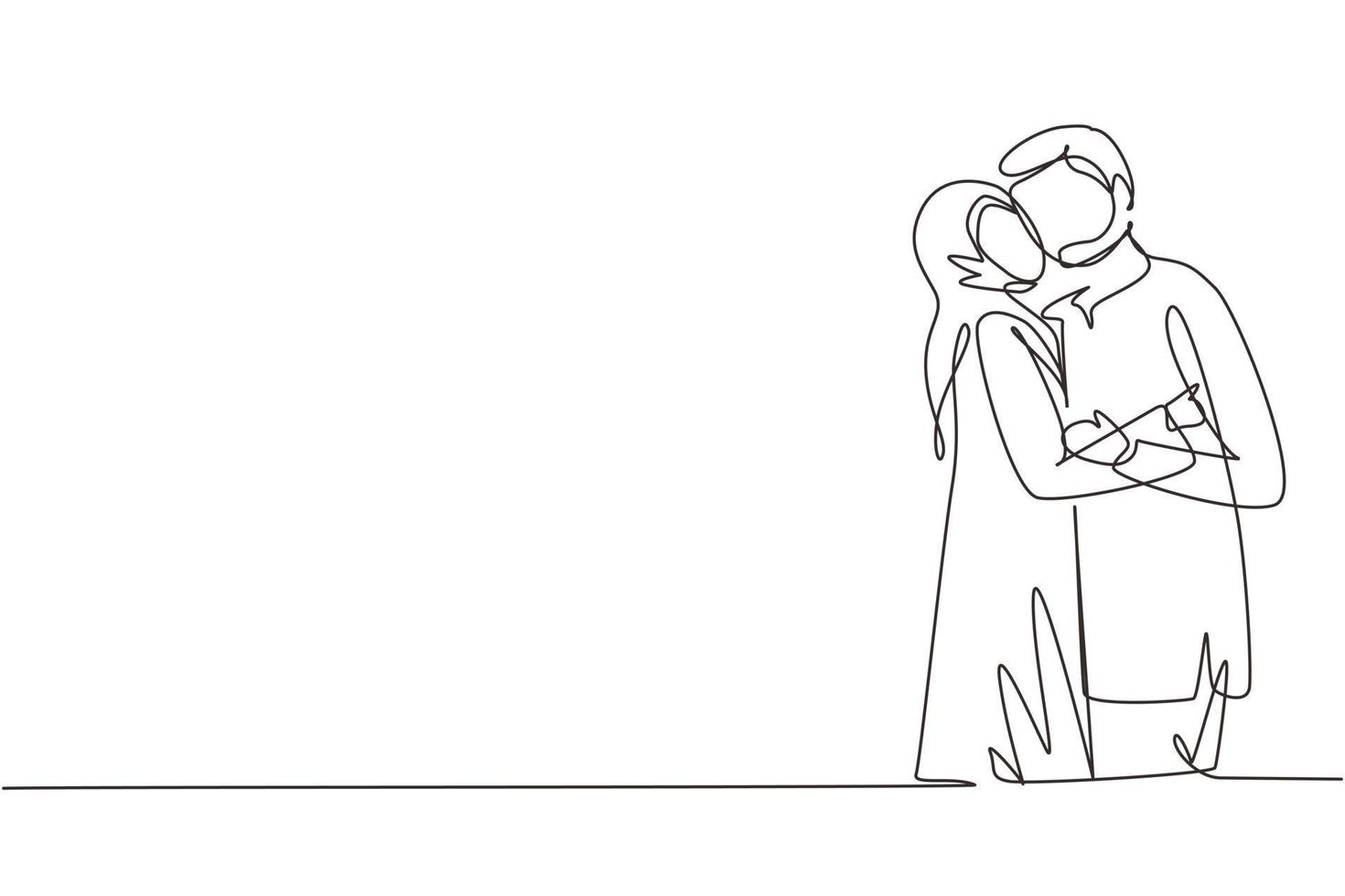 fortlaufende einzeilige zeichnung von arabischen jungen und mädchen, die sich lieben und küssen. Liebhaber des jungen Paares küssen sich. glücklicher mann und frau, die hochzeitstag feiern. einzeiliges zeichnen design vektorgrafik illustration vektor