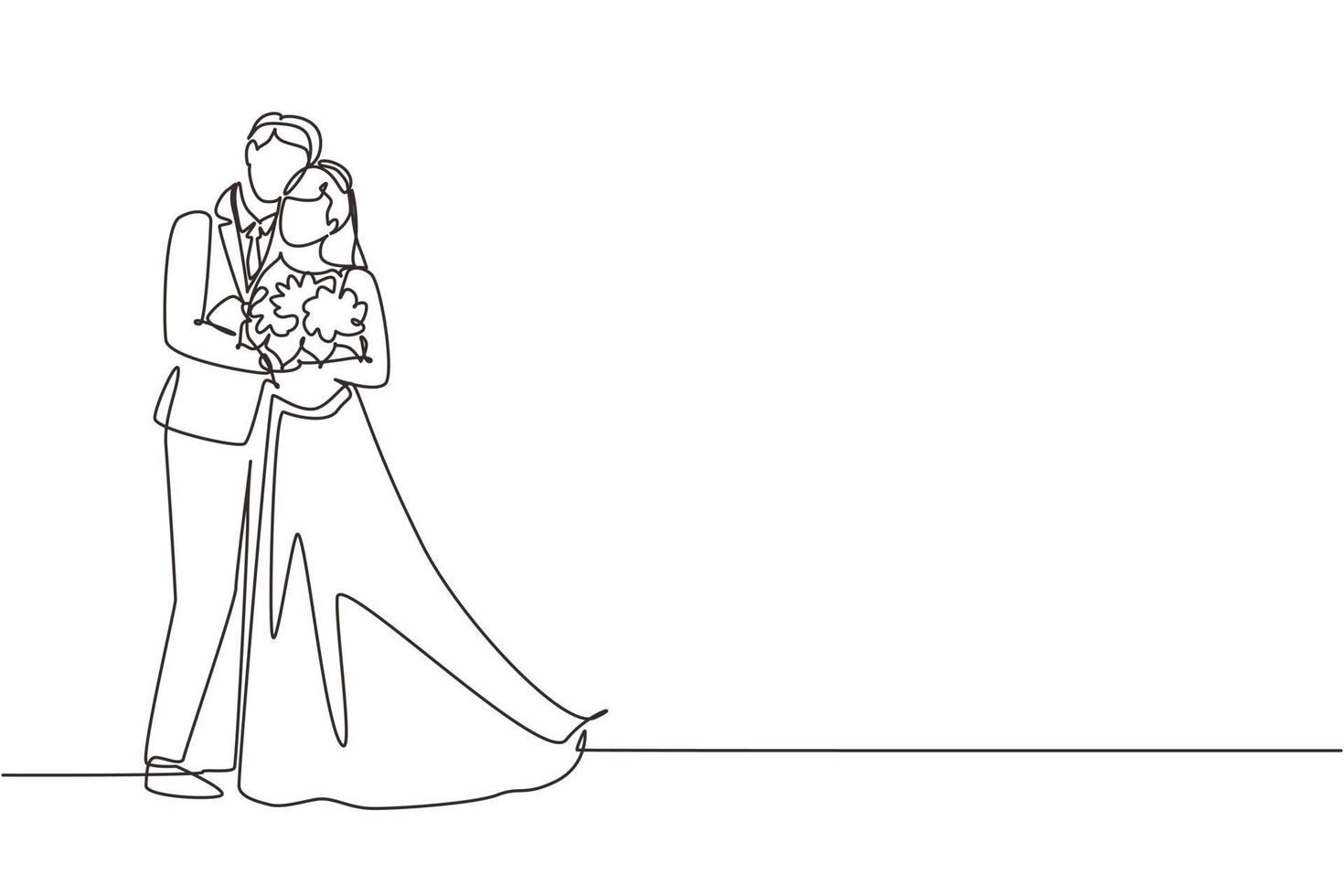 Ein Strichzeichnungsmann gibt der Frau Blumen und umarmt sie. mann, der frau blumenstrauß am hochzeitstag gibt. glückliches romantisches verliebtes paar. Design-Grafikvektor mit kontinuierlicher Linie vektor