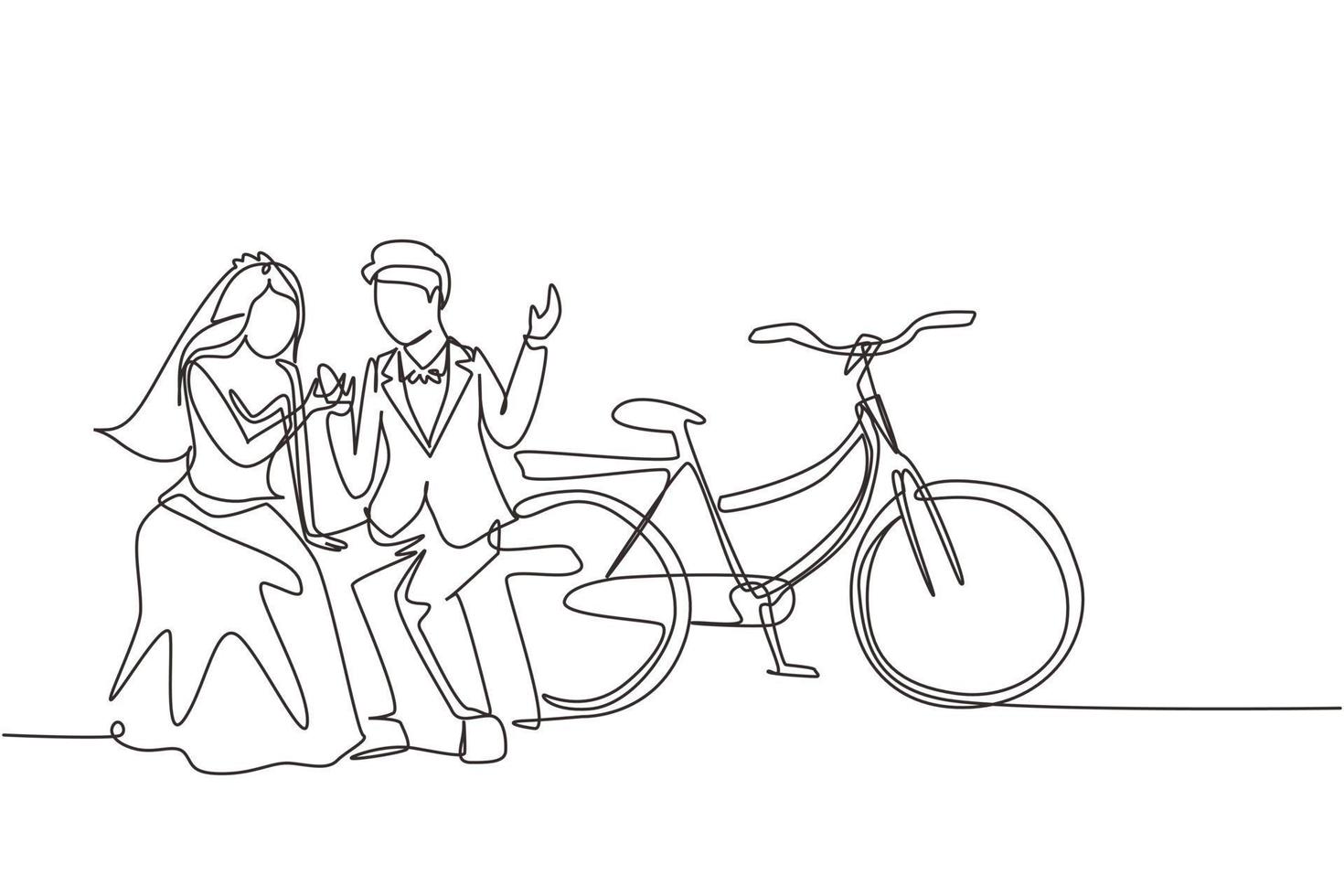 kontinuerlig en rad ritning romantiskt gift par chattar medan du sitter på bänken. par cyklar. man och kvinna förälskade i bröllopsklänning. enda rad rita design vektorgrafisk illustration vektor
