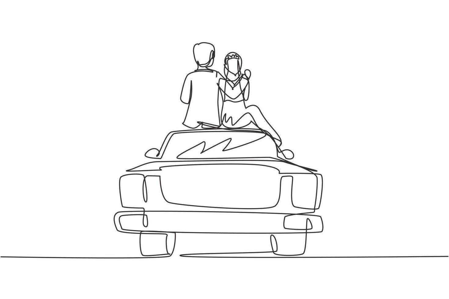 enda kontinuerlig linjeteckning lyckliga gifta älskare sitter på taket av bilen och titta på romantiska landskap. man och kvinna med bröllopsklänning som firar bröllopsfest. en rad rita grafisk design vektor