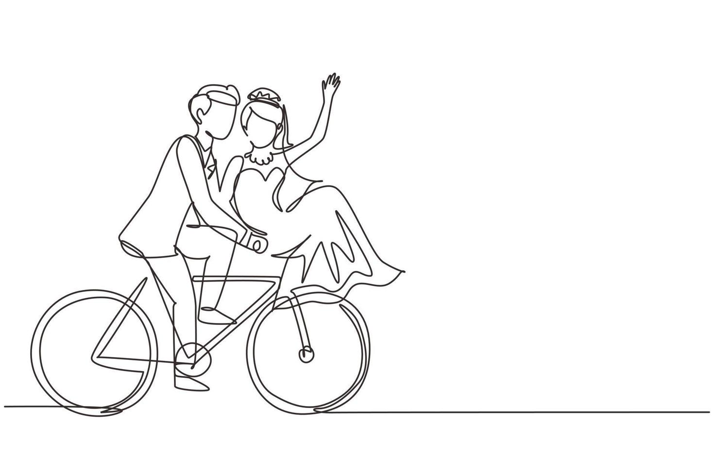 fortlaufende einzeilige zeichnung eines romantischen verheirateten paares, das fahrrad fährt. mann und frau verliebt in hochzeitskleid. Glückliches Ehepaar, das zusammen Rad fährt. einzeiliges zeichnen design vektorgrafik illustration vektor