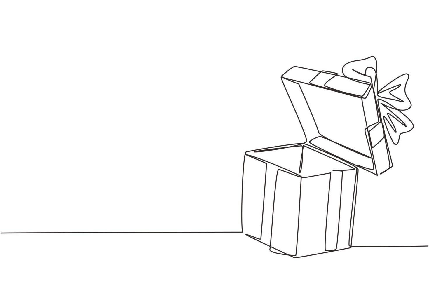 einzelne einstrichzeichnung offene weiße geschenkbox mit band und schleife. Grußgeschenkpaket. dekoratives Geschenk oder Karton mit Schleife. moderne grafische vektorillustration des ununterbrochenen zeichnendesigns vektor