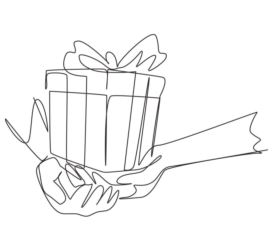 kontinuerlig en rad ritning kvinnliga händer som håller vacker liten gåva insvept med band. romantisk överraskning. födelsedagspresenter kartong med band. enkel rad rita design vektorillustration vektor