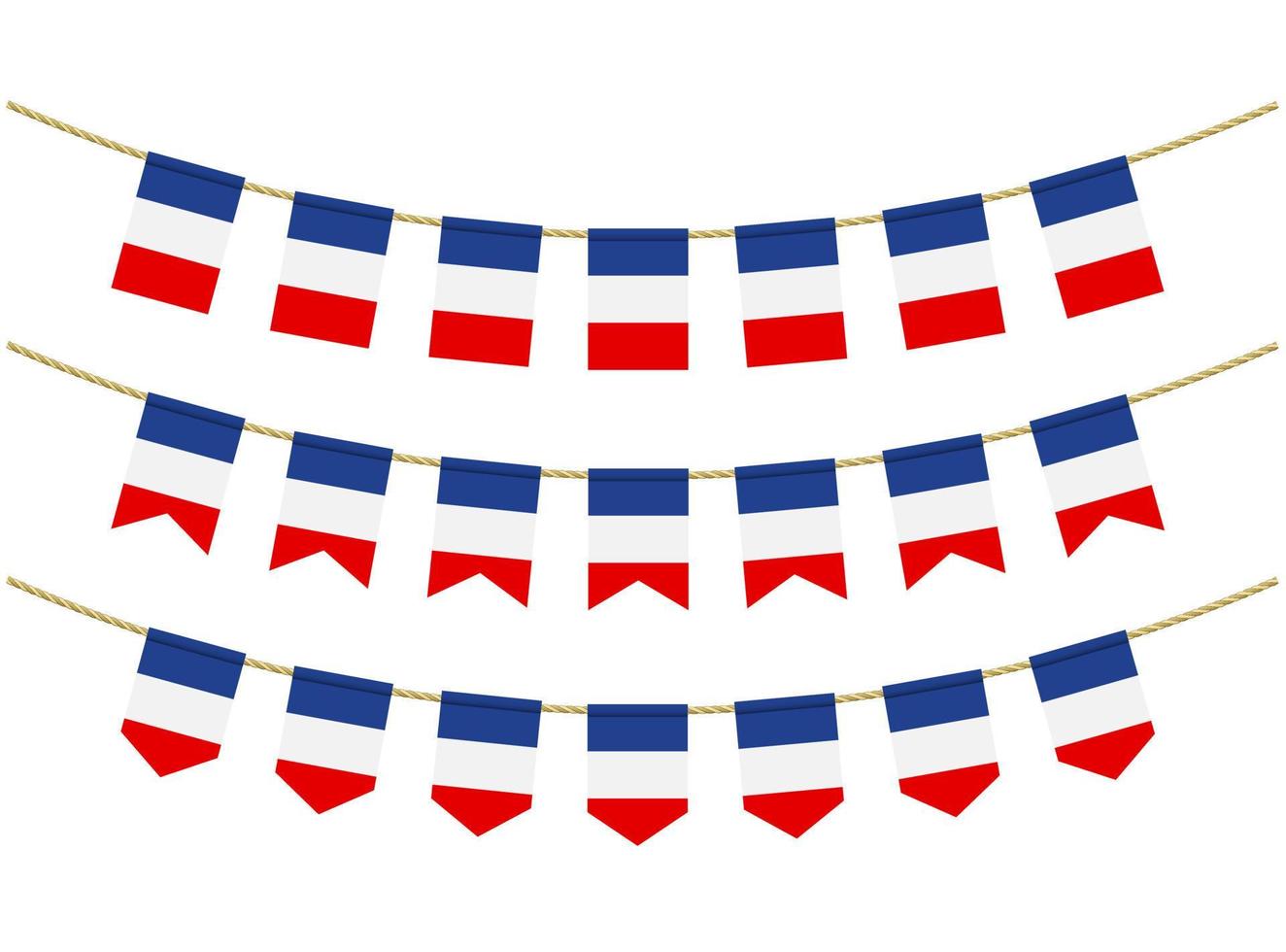 Frankreich-Flagge an den Seilen auf weißem Hintergrund. Satz patriotischer Ammerflaggen. Flaggendekoration der französischen Flagge vektor