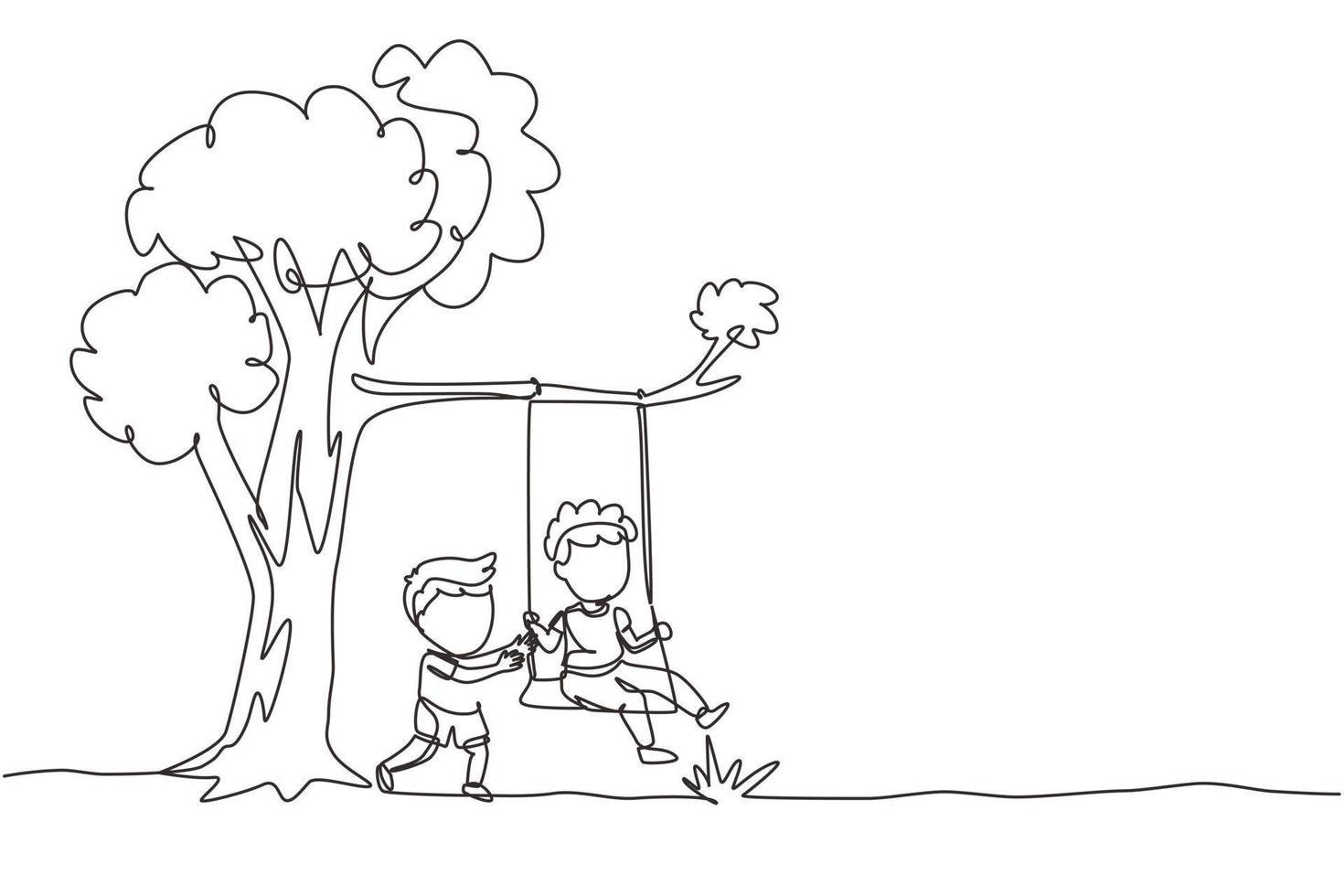 enda kontinuerlig linje ritning glada två pojkar spelar på träd swing. glada barn på att gunga under ett träd. barn som leker på lekplatsen. dynamisk en rad rita grafisk design vektorillustration vektor