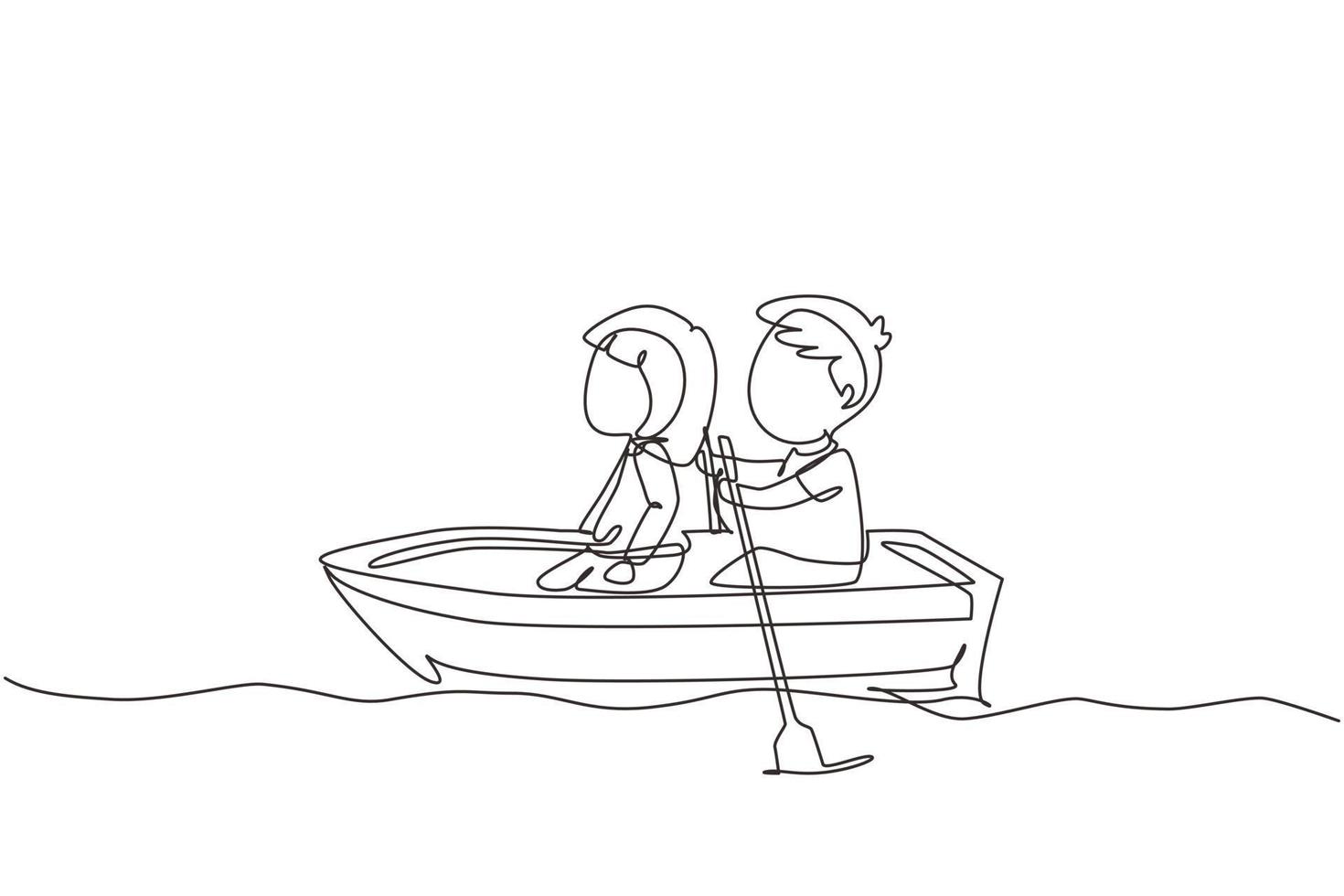 enda kontinuerlig linjeteckning liten pojke och flicka rider på båt tillsammans. barn rider på träbåt vid floden. barn roddbåt på sjön. glada barn paddla båt. en rad grafisk design vektor