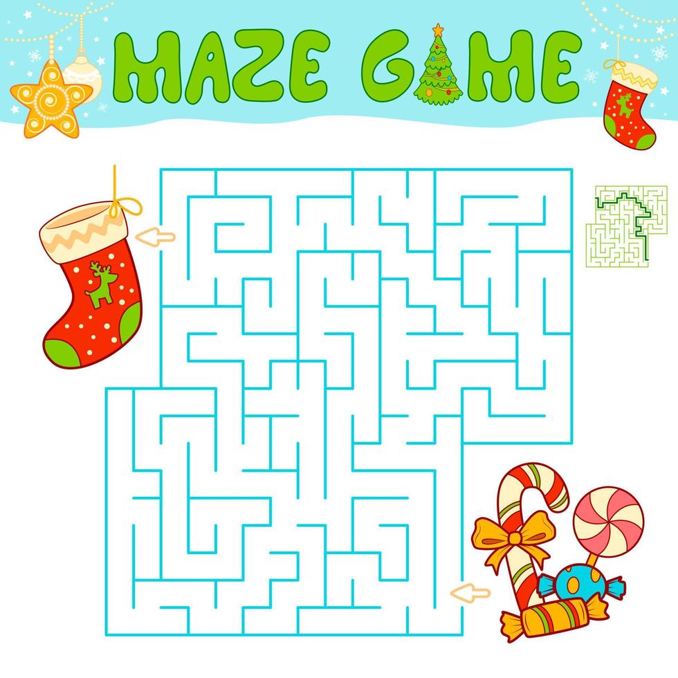 Weihnachtslabyrinth-Puzzlespiel für Kinder. labyrinth- oder labyrinthspiel mit weihnachtssocke. vektor