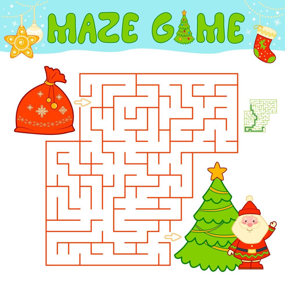 Weihnachtslabyrinth-Puzzlespiel für Kinder. labyrinth- oder labyrinthspiel mit weihnachtstasche vektor