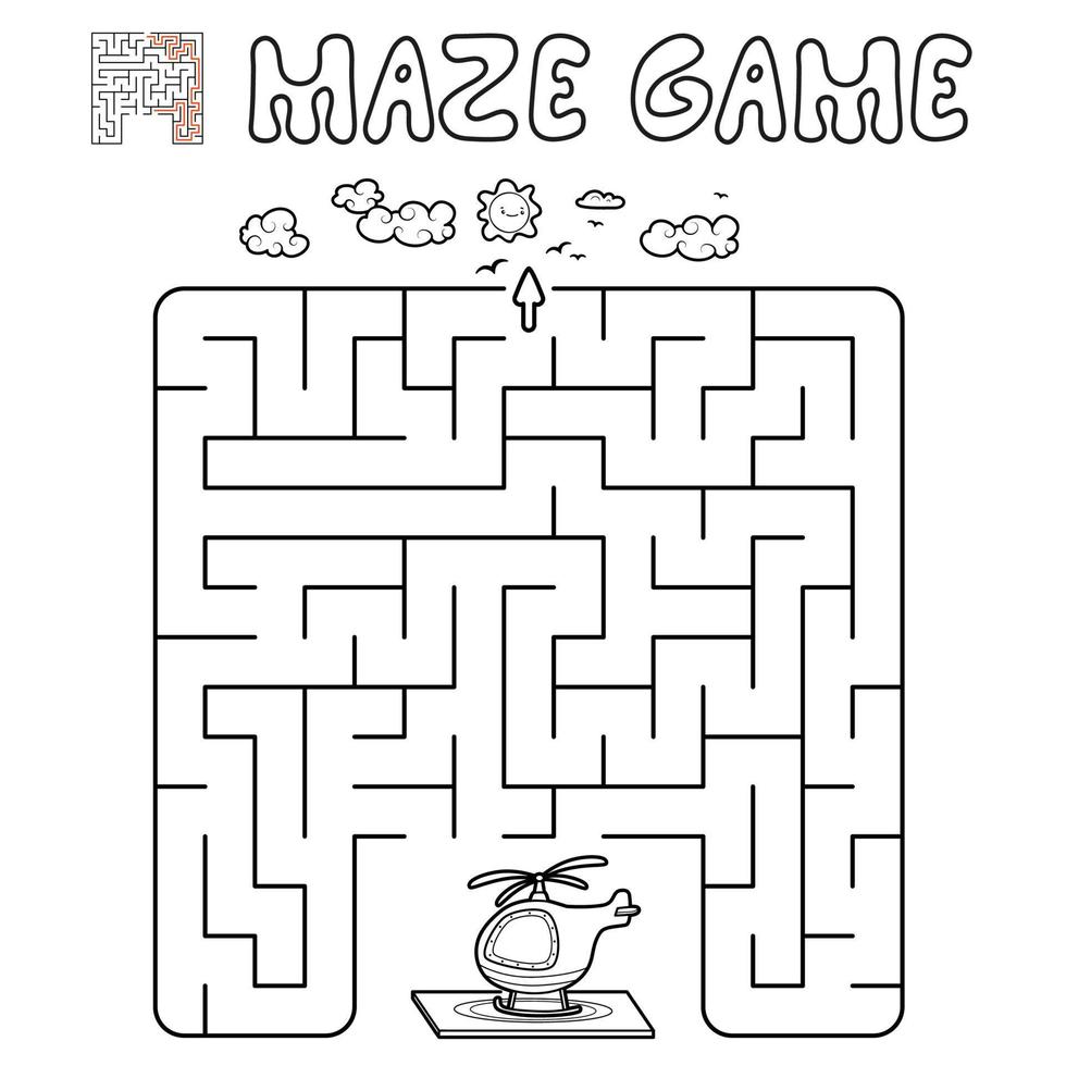 Labyrinth-Puzzle-Spiel für Kinder. Umrisslabyrinth oder Labyrinthspiel mit Hubschrauber. vektor