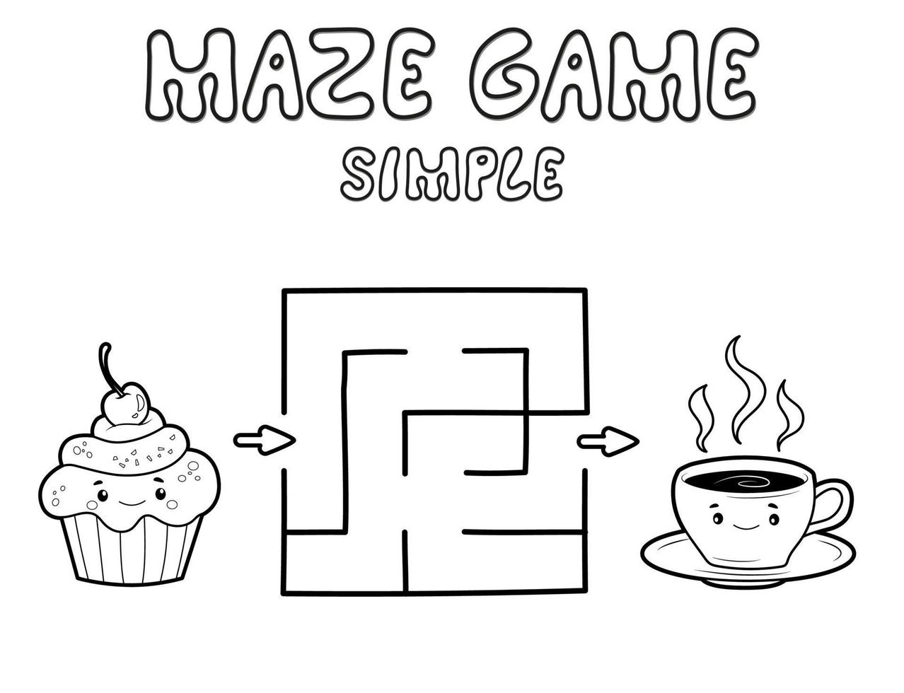 einfaches Labyrinth-Puzzle-Spiel für Kinder. Skizzieren Sie ein einfaches Labyrinth- oder Labyrinthspiel mit Kuchen und Tee. vektor